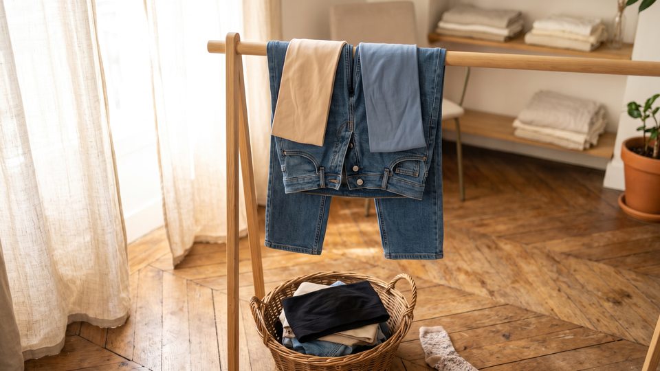 Bandeaux de maille sable, noir et bleu lin enroulés sur un jean ouvert posé sur un portant en bois